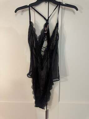 Victoria's Secret Black Lace Up Mesh Bodysuit Size M